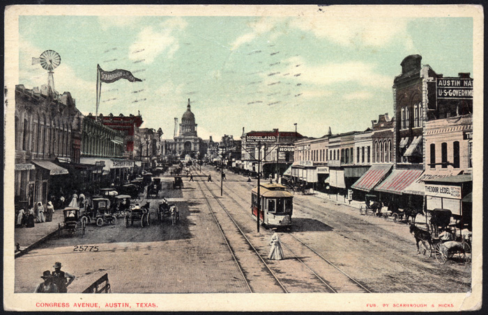 Austin Street Ry. tracks along Congress Avenue, looking north toward the capitol building. Undated. 
