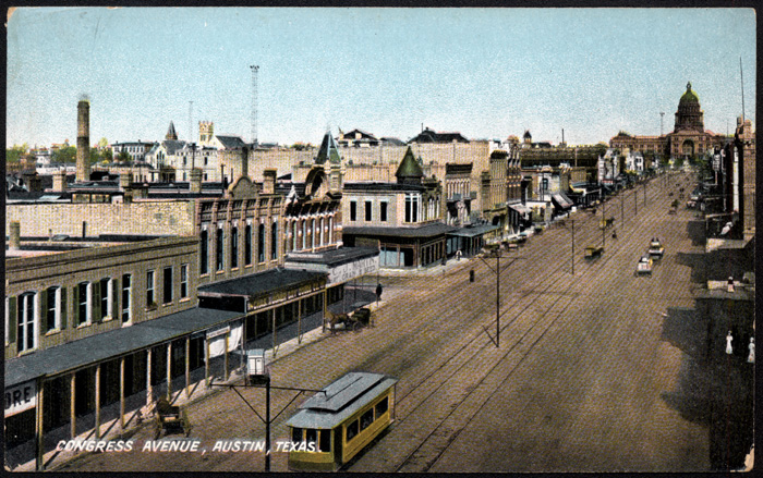 Birdseye view of Austin Street Ry. tracks along Congress Avenue, looking north toward the capitol building, circa 1908. 