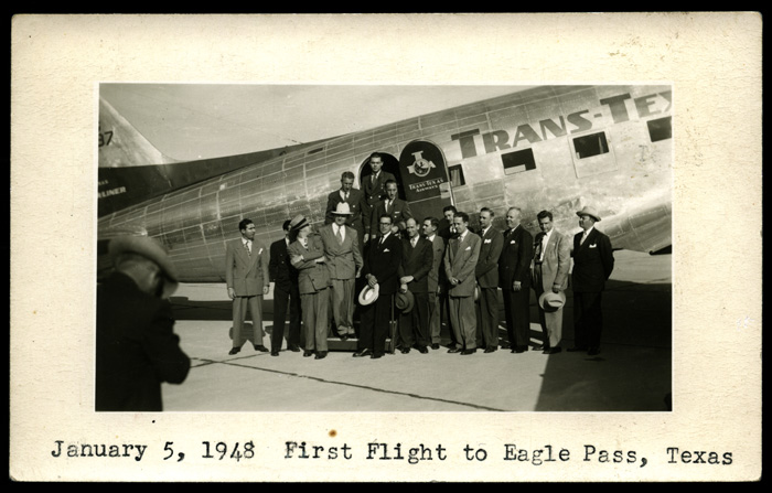 Trans-Texas Airways DC-3-277 no. N18143 with crew and passengers on first flight to Eagle Pass, Texas, January 5, 1948. 