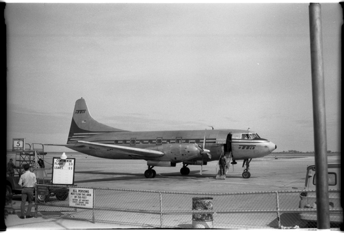 Trans-Texas Airways plane, unknown location, undated. Color chrome postcard. 