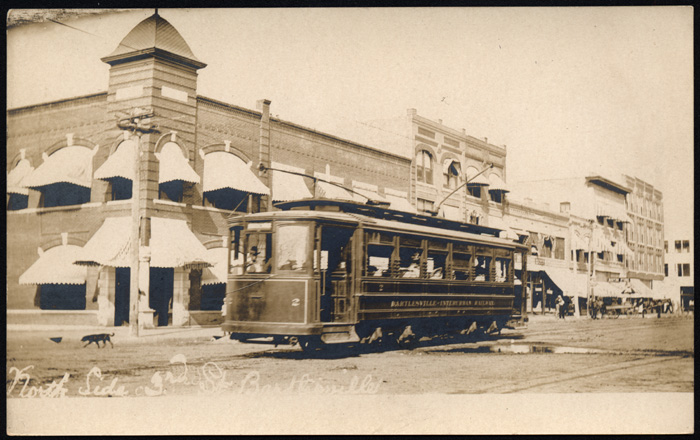 Bartlesville Interurban Ry. car no. 2 along 3rd Street in Bartlesville, Oklahoma. Undated. 