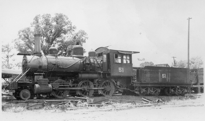 Bentley Lumber Co. locomotive no. 51 at Zimmerman, Louisiana, 1950. 