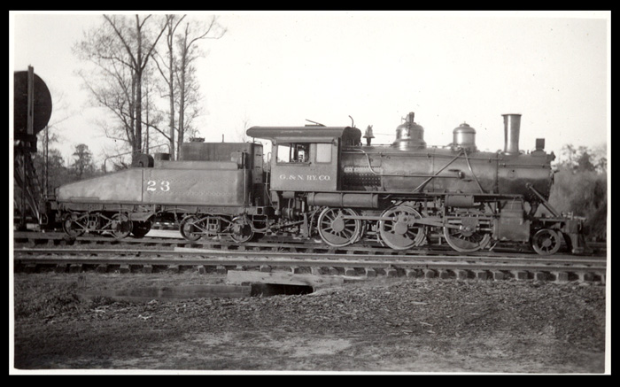 Gulf & Northern Ry. locomotive no. 23 at Wiergate, Texas, 1938. 