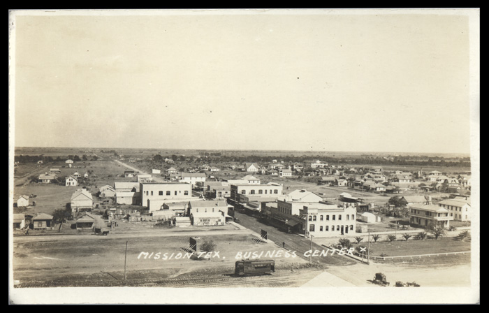 Birdseye view of the San Benito & Rio Grande Valley Ry. yards with a gasoline railcar at Mission, Texas. 