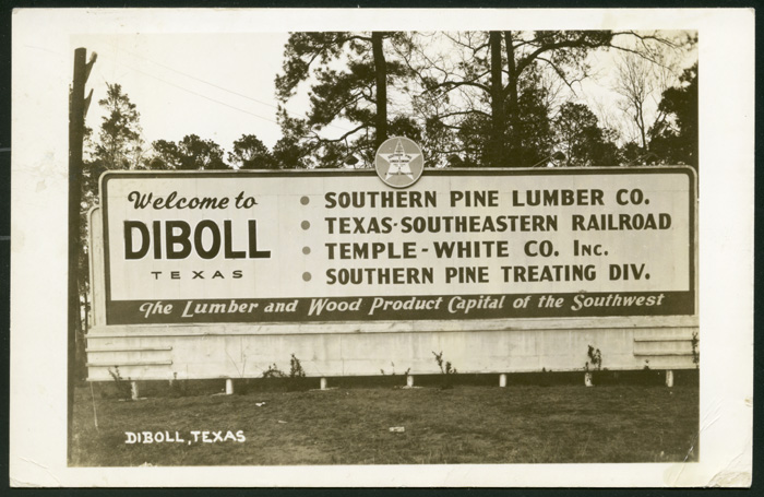 Diboll city limits billboard welcome sign, circa 1954.